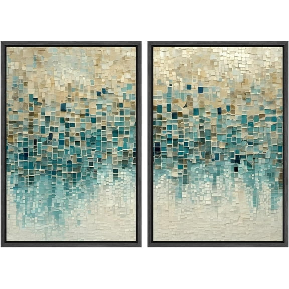 IDEA4WALL Framed Canvas Print Wall Art Set Blue & Green Pastel Colorful Fragments Abstract Modern Art Bohemian Minimalism Multicolor Wall Decor Artwork for Bedroom, Office - Black 24"x36"x2
