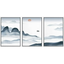 IDEA4WALL Framed Canvas Print Wall Art Set Blue Watercolor Mountain Range Sea Nature Wilderness Modern Art Decorative Landscape Rustic for Living Room, Bedroom, Office - 24"x36"x3 White