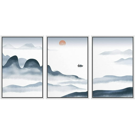 IDEA4WALL Framed Canvas Print Wall Art Set Blue Watercolor Mountain Range Sea Nature Wilderness Modern Art Decorative Landscape Rustic for Living Room, Bedroom, Office - 24"x36"x3 White