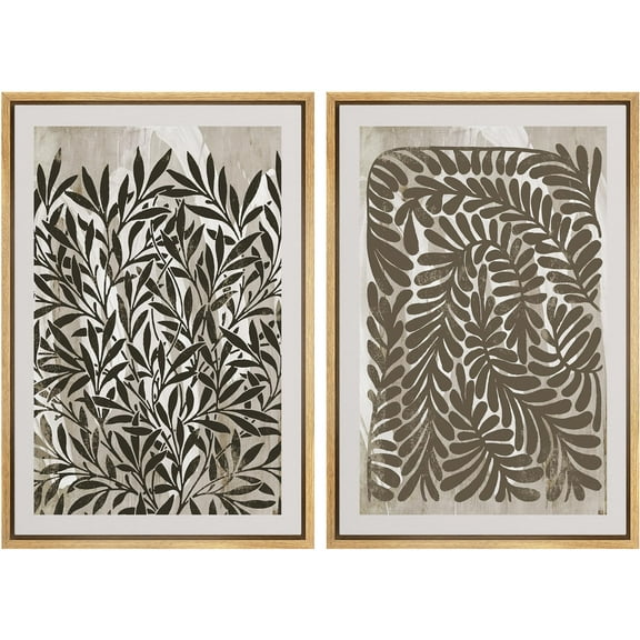 IDEA4WALL Framed Canvas Print Wall Art Set Botanical Abstract Black & Beige Leaf Minimalist Illustrations Mid-century Modern Digital Art Wall Decor Retro Elegant Artwork for Home - 24"x36"x2 Natural