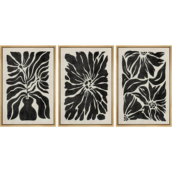 IDEA4WALL Framed Canvas Print Wall Art Set Botanical Silhouette Monochrome Black and White Floral Modern Art Decorative Vintage Floral Prints for Living Room, Bedroom, Office - Natural 24"x36"x3