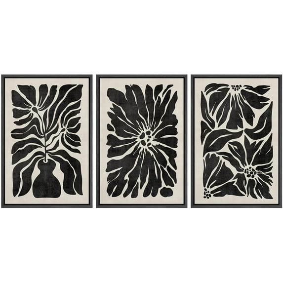 IDEA4WALL Framed Canvas Print Wall Art Set Botanical Silhouette Monochrome Black and White Floral Modern Art Decorative Vintage Floral Prints for Living Room, Bedroom, Office - Black 24"x36"x3