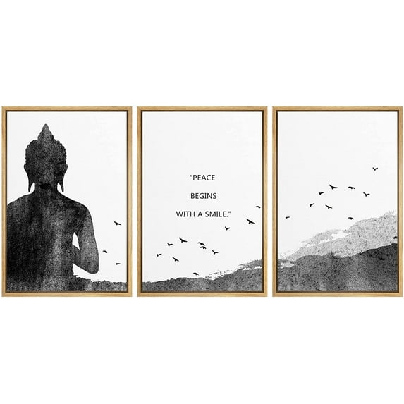 IDEA4WALL Framed Canvas Print Wall Art Set Buddha Mountain Bird Motivational Typography Nature Cultural Art Contemporary Decorative for Living Room, Bedroom, Office - 16"x24"x3 Natural
