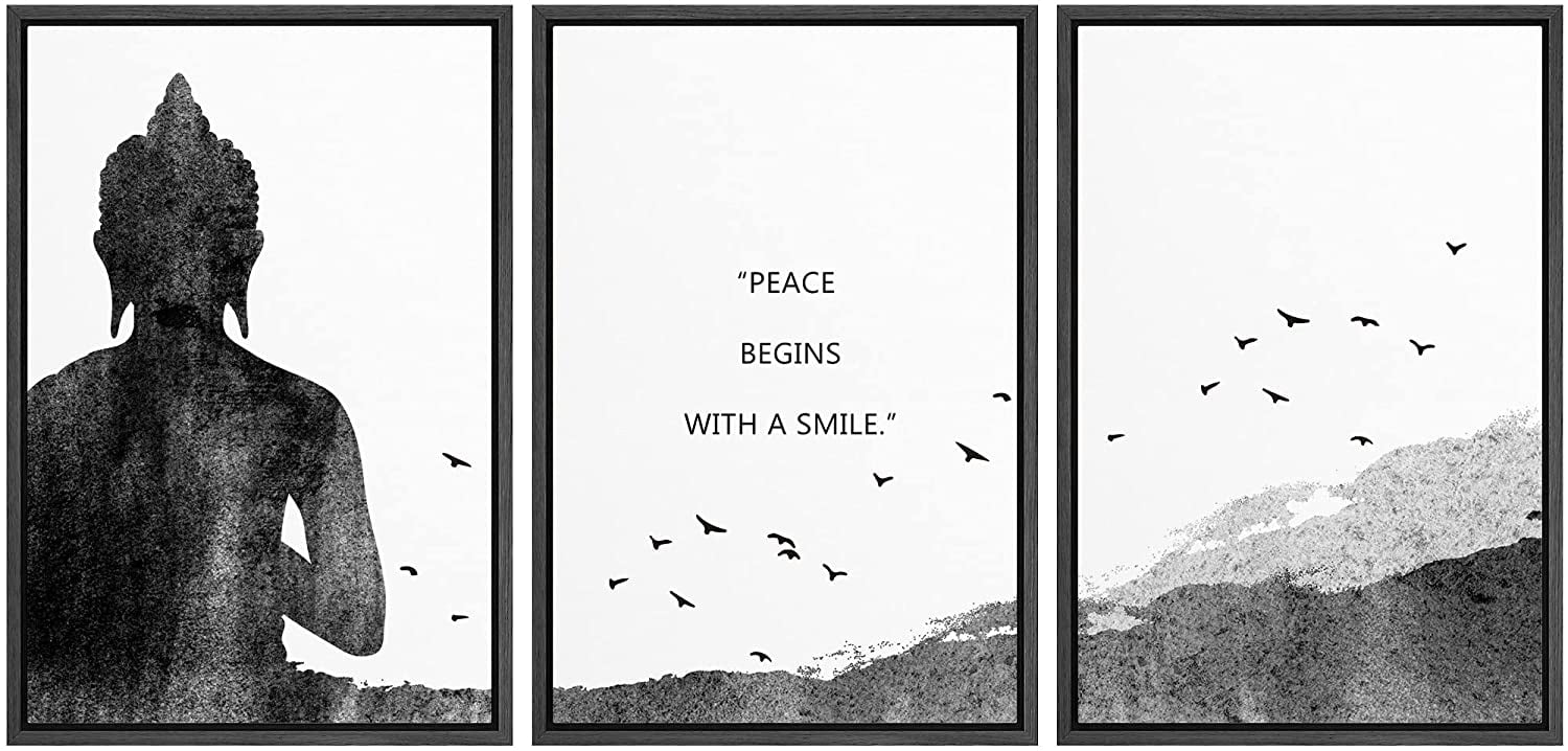 Black Framed Buddha Mountain Bird Motivational Canvas Print Set