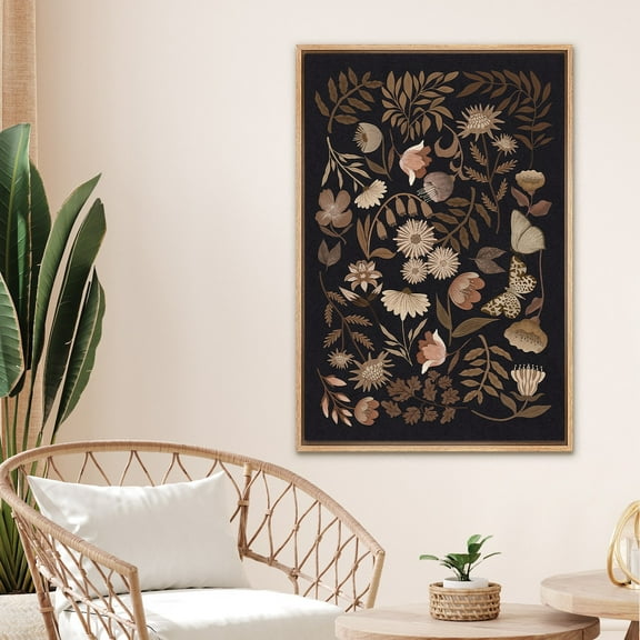IDEA4WALL Framed Canvas Print Wall Art Set Butterfly & Flower Botanical in Dark Illustration Fine Art Decor Bohemian Nature Floral Retro Art for Living Room, Bedroom, Office - Natural 24"x36"