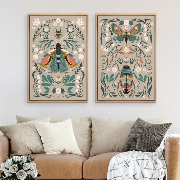 IDEA4WALL Framed Canvas Print Wall Art Set Butterfly Insect Flower Vintage Art Symmetrical Pattern Illustration Decorative Bohemian Colorful Chic Artwork for Home Decor - 24"x36"x2 Natural