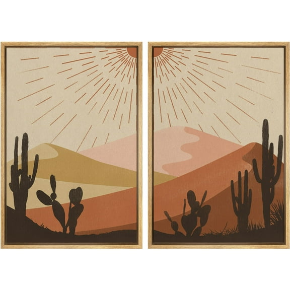 IDEA4WALL Framed Canvas Print Wall Art Set Cactus & Southwest Desert Landscape Art Geometric Minimal Modern Art Farmhouse/Country Wall Decor for Living Room, Bedroom, Office - 24"x36"x2 Natural