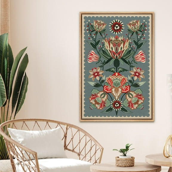 IDEA4WALL Framed Canvas Print Wall Art Set Colorful Symmetrical Floral Fine Art Decorative Bohemian Flowers Tapestry Pattern Painting Artwork for Living Room, Bedroom, Office - Natural 24"x36"