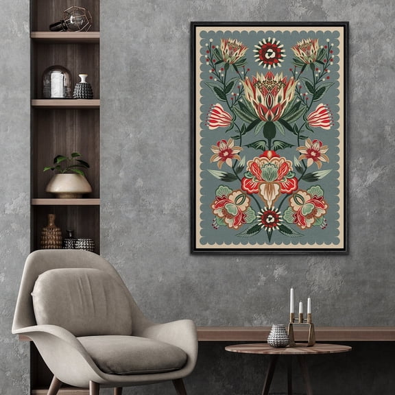 IDEA4WALL Framed Canvas Print Wall Art Set Colorful Symmetrical Floral Fine Art Decorative Bohemian Flowers Tapestry Pattern Painting Artwork for Living Room, Bedroom, Office - Black 16"x24"
