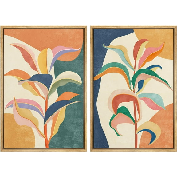 IDEA4WALL Framed Canvas Print Wall Art Set Colorful Tropical Jungle Leaf Botanical Fine Art Abstract Geometric Minimalist Art Boho Wall Decor for Living Room, Bedroom, Office - 24"x36"x2 Natural