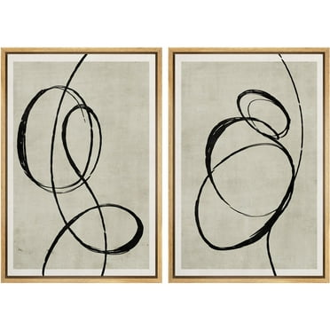 IDEA4WALL Framed Canvas Print Wall Art Set Contemporary Abstract Line Black Curved Line Illustrations Digital Art Neutral Tan Tone Illustrations Wall Decor Minimal Zen for Rooms - 16"x24"x2 Natural