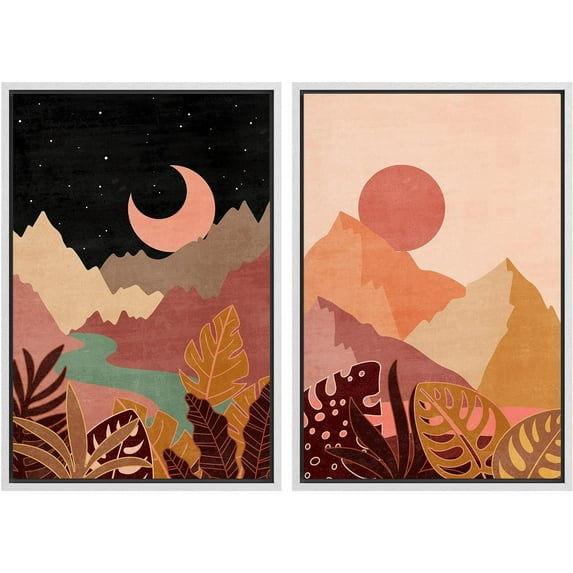 IDEA4WALL Framed Canvas Print Wall Art Set Crescent Moon Desert Sun Tropical Landscapes Modern Art Decorative Bohemian Colorful Chic Artwork for Living Room, Bedroom, Office - 16"x24"x2 White