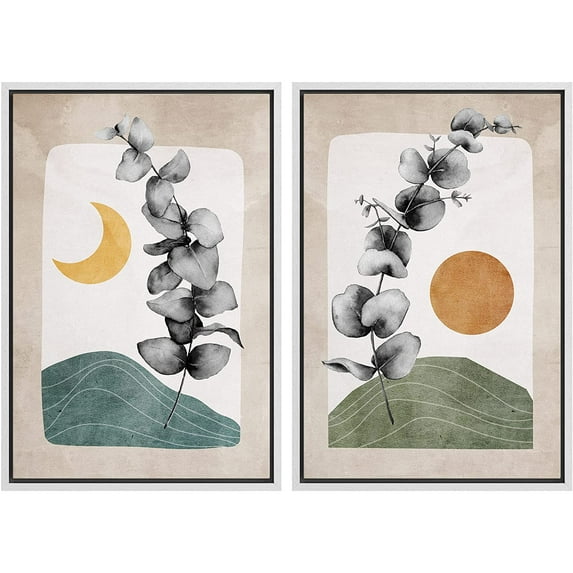 IDEA4WALL Framed Canvas Print Wall Art Set Crescent Moon Sun Forest Flower Landscape Nature Illustrations Modern Art Rustic Decorative for Living Room, Bedroom, Office - 16"x24"x2 White