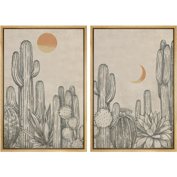 IDEA4WALL Framed Canvas Print Wall Art Set Desert Flora Cactus with Sun and Moon Illustration Boho Succulent Plants Pattern Modern Art Wall Decor Rustic for Home Decor - Natural 24"x36"x2