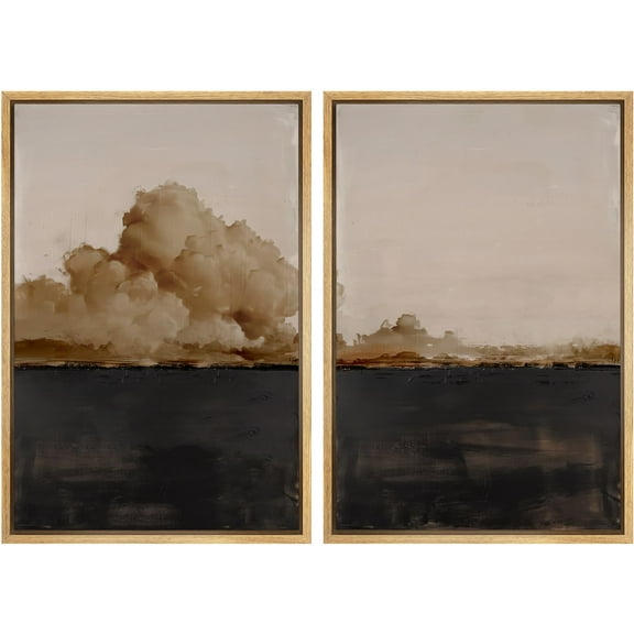 IDEA4WALL Framed Canvas Print Wall Art Set Dramatic Cloudscape Tones over Dark Horizon Digital Art Neutral Minimal Wall Decorative Retro Zen Contemporary Artwork for Home Decor - Natural 16"x24"x2