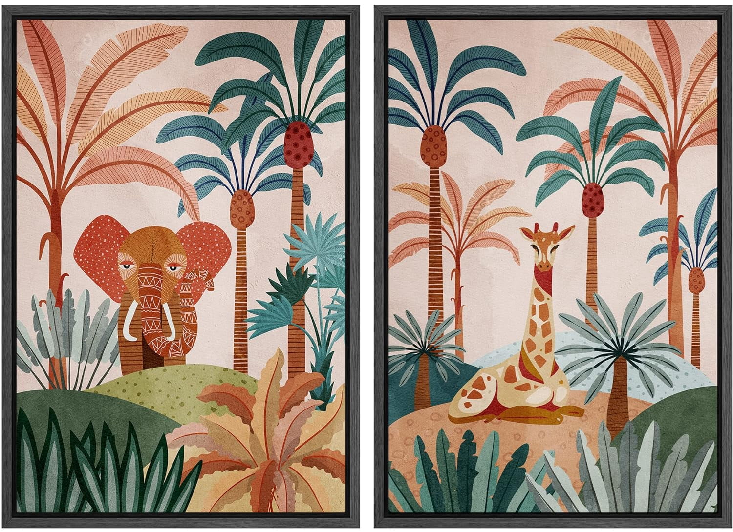 IDEA4WALL Framed Canvas Print Wall Art Set Elephant & Giraffe in Tropical Jungle Safari Digital ...