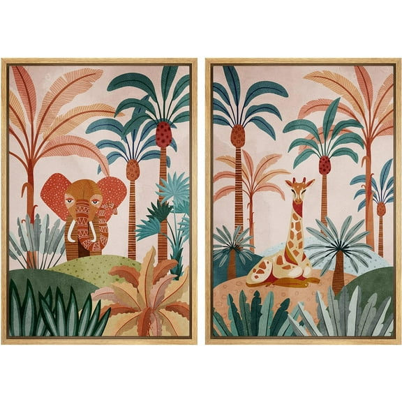 IDEA4WALL Framed Canvas Print Wall Art Set Elephant & Giraffe in Tropical Jungle Safari Digital Art Decorative Bohemian Colorful Chic Artwork for Living Room, Bedroom, Office - 24"x36"x2 Natural