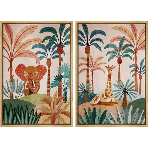 IDEA4WALL Framed Canvas Print Wall Art Set Elephant & Giraffe in Tropical Jungle Safari Digital Art Decorative Bohemian Colorful Chic Artwork for Living Room, Bedroom, Office - 24"x36"x2 Natural