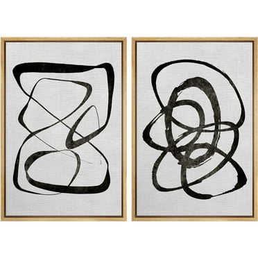 IDEA4WALL Framed Canvas Print Wall Art Set Geometric Black and White Twists Illustration Duotone Brush Strokes Pattern Modern Digital Art Wall Decor Minimal for Home Decor - Natural 24"x36"x2