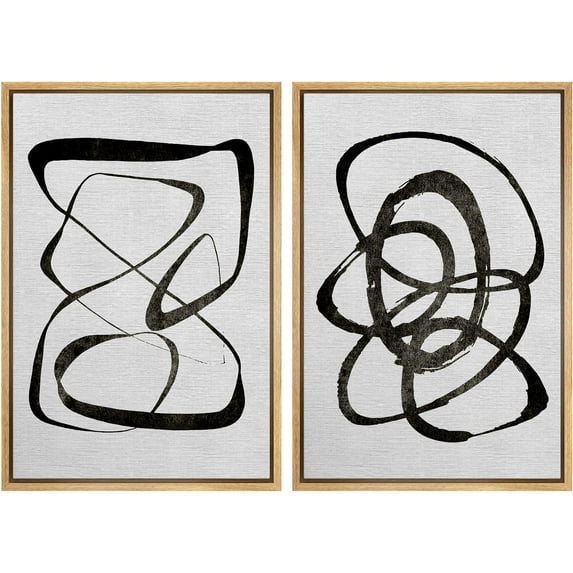 IDEA4WALL Framed Canvas Print Wall Art Set Geometric Black and White Twists Illustration Duotone Brush Strokes Pattern Modern Digital Art Wall Decor Minimal for Home Decor - Natural 24"x36"x2
