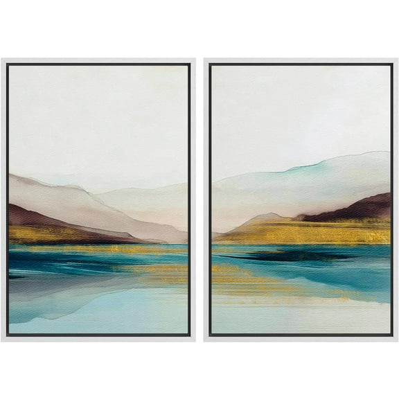 IDEA4WALL Framed Canvas Print Wall Art Set Geometric Serene Mountain Reflections Soft Pastel Tones Modern Digital Art Bohemian Wall Decor Minimal Contemporary for Home Decor - White 16"x24"x2