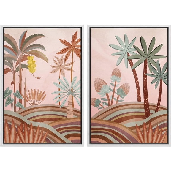 IDEA4WALL Framed Canvas Print Wall Art Set Geometric Tropical Jungle Palm Tree Landscape Digital Art Decorative Bohemian Colorful Chic Artwork for Living Room, Bedroom, Office - 16"x24"x2 White