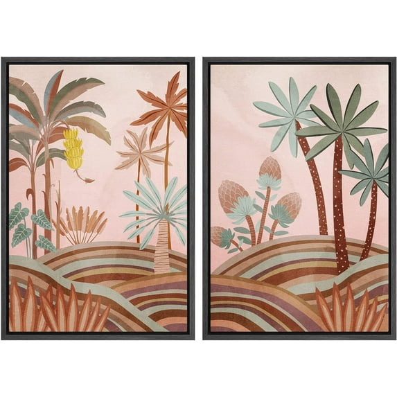 IDEA4WALL Framed Canvas Print Wall Art Set Geometric Tropical Jungle Palm Tree Landscape Digital Art Decorative Bohemian Colorful Chic Artwork for Living Room, Bedroom, Office - 24"x36"x2 Black