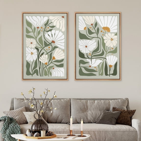 IDEA4WALL Framed Canvas Print Wall Art Set Geometric White Daisy Fine Art Decorative Bohemian Floral Illustration Nature Flowers Chic Artwork for Living Room, Bedroom, Office - 24"x36"x2 Natural
