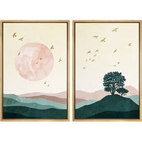 IDEA4WALL Framed Canvas Print Wall Art Set Gold Birds, Pink & Green Gradient Mountain Landscape Nature Modern Art Colorful Artwork for Living Room, Bedroom, Office - Natural 24"x36"x3