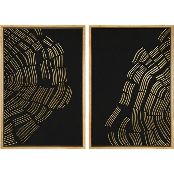IDEA4WALL Framed Canvas Print Wall Art Set Gold & Black Dark Wood Rings Landscape Abstract Modern Art Minimalist Chic Relax/Calm for Living Room, Bedroom, Office - Natural 24"x36"x3