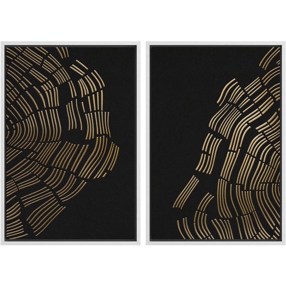 IDEA4WALL Framed Canvas Print Wall Art Set Gold & Black Dark Wood Rings Landscape Abstract Modern Art Minimalist Chic Relax/Calm for Living Room, Bedroom, Office - White 16"x24"x3