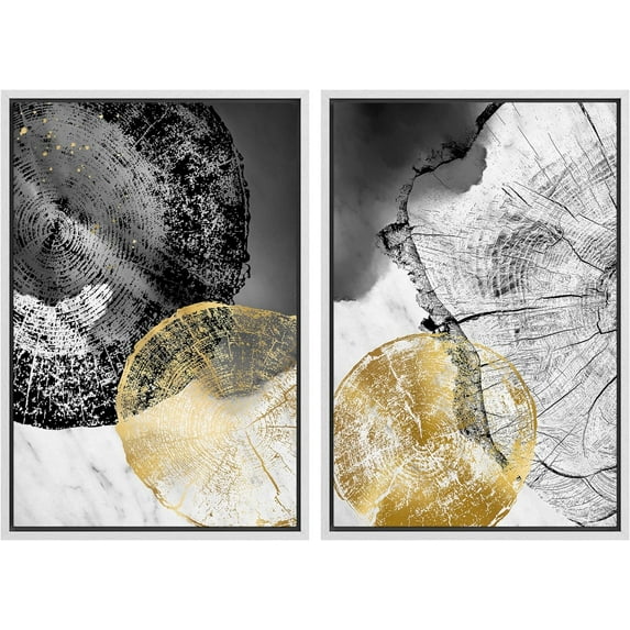 IDEA4WALL Framed Canvas Print Wall Art Set Gold Black Gray Tree Wood Ring Collage Vintage Art Country Decorative Colorful Nature Wilderness Artwork for Living Room, Bedroom, Office - White 24"x36"x2