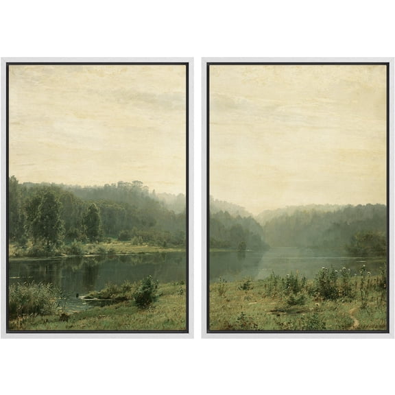 IDEA4WALL Framed Canvas Print Wall Art Set Green Forest & Lake Botanical Fine Art Abstract Geometric Nature Modern Art Farmhouse Wall Decor for Living Room, Bedroom, Office - 24"x36"x2 White