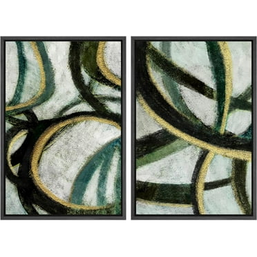 IDEA4WALL Framed Canvas Print Wall Art Set Green Gold Pastel Paint Swirls Abstract Geometric Digital Art Minimalism Modern Art Decor Boho for Living Room, Bedroom, Office - Black 16"x24"x2