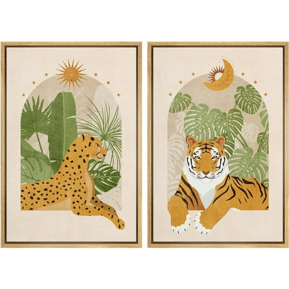 IDEA4WALL Framed Canvas Print Wall Art Set Indian Bengal Tiger Tropical Monstera Jungle Digital Art Decorative Bohemian Colorful Chic Artwork for Living Room, Bedroom, Office - 24"x36"x2 Natural