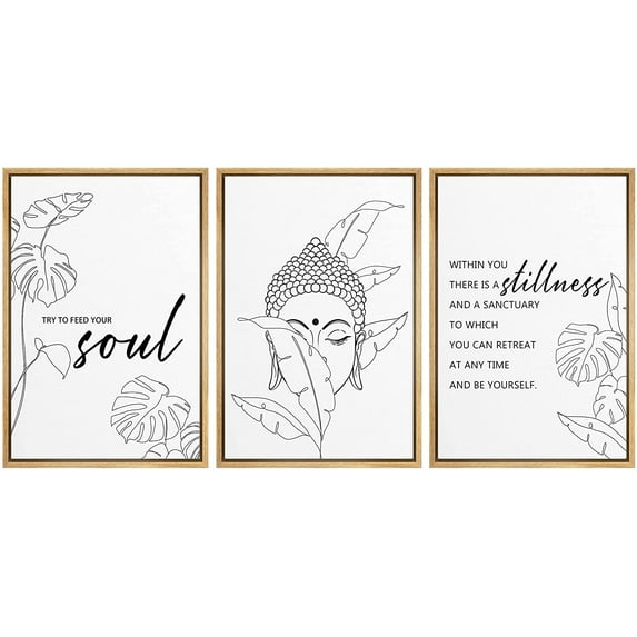 IDEA4WALL Framed Canvas Print Wall Art Set Jungle Leaf Motivational Buddha Typography Nature Cultural Modern Art Contemporary Decorative for Living Room, Bedroom, Office - 24"x36"x3 Natural