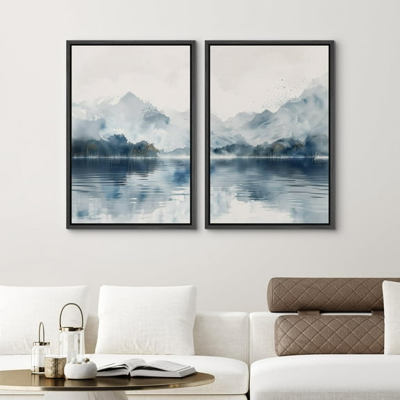 IDEA4WALL Framed Canvas Print Wall Art Set Lake and Mountain Landscape Serene Watercolor Scenery in Cool Blues Modern Digital Art Wall Decor Minimal Contemporary for Home Decor - Black 16"x24"x2