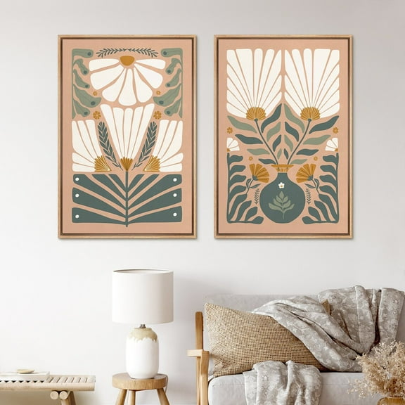 IDEA4WALL Framed Canvas Print Wall Art Set Mid-Century Abstract White Wildflowers Retro Art Decorative Bohemian Floral Botanical Artwork for Living Room, Bedroom, Office - 24"x36"x2 Natural