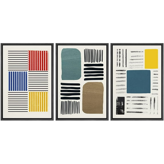IDEA4WALL Framed Canvas Print Wall Art Set Mid-Century Colorful Color Block Stripes Abstract Shapes Minimalism Bohemian Decorative for Living Room, Bedroom, Office - 16"x24"x3 Black