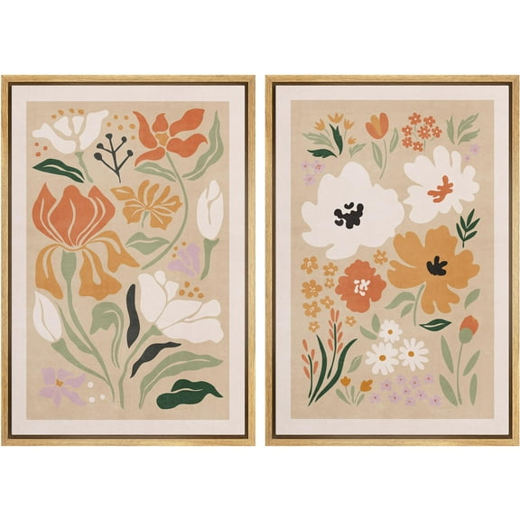 IDEA4WALL Framed Canvas Print Wall Art Set Mid-Century Gallery Abstract Pastel Flower Blossom Collage Fine Art Farmhouse/Country Wall Decor for Living Room, Bedroom, Office - 24"x36"x2 Natural
