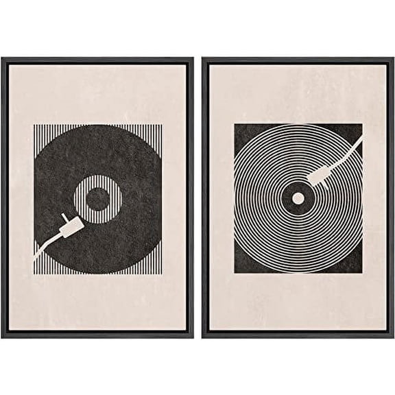 IDEA4WALL Framed Canvas Print Wall Art Set Mid-Century Geometric Music Record Player Illustrations Vintage Art Minimalism Retro Wall Decor for Living Room, Bedroom, Office - Black 24"x36"x2