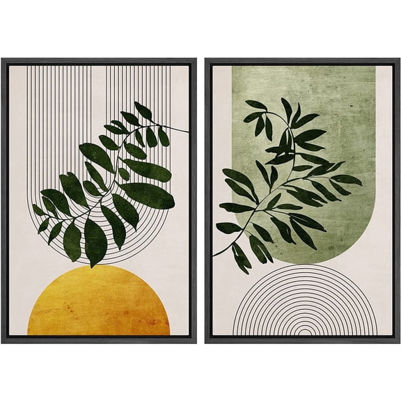 IDEA4WALL Framed Canvas Print Wall Art Set Mid-Century Geometric Plant Leaf Nature Wilderness Illustrations Modern Art Rustic Decorative for Living Room, Bedroom, OfficeL - 24"x36"x2 Black
