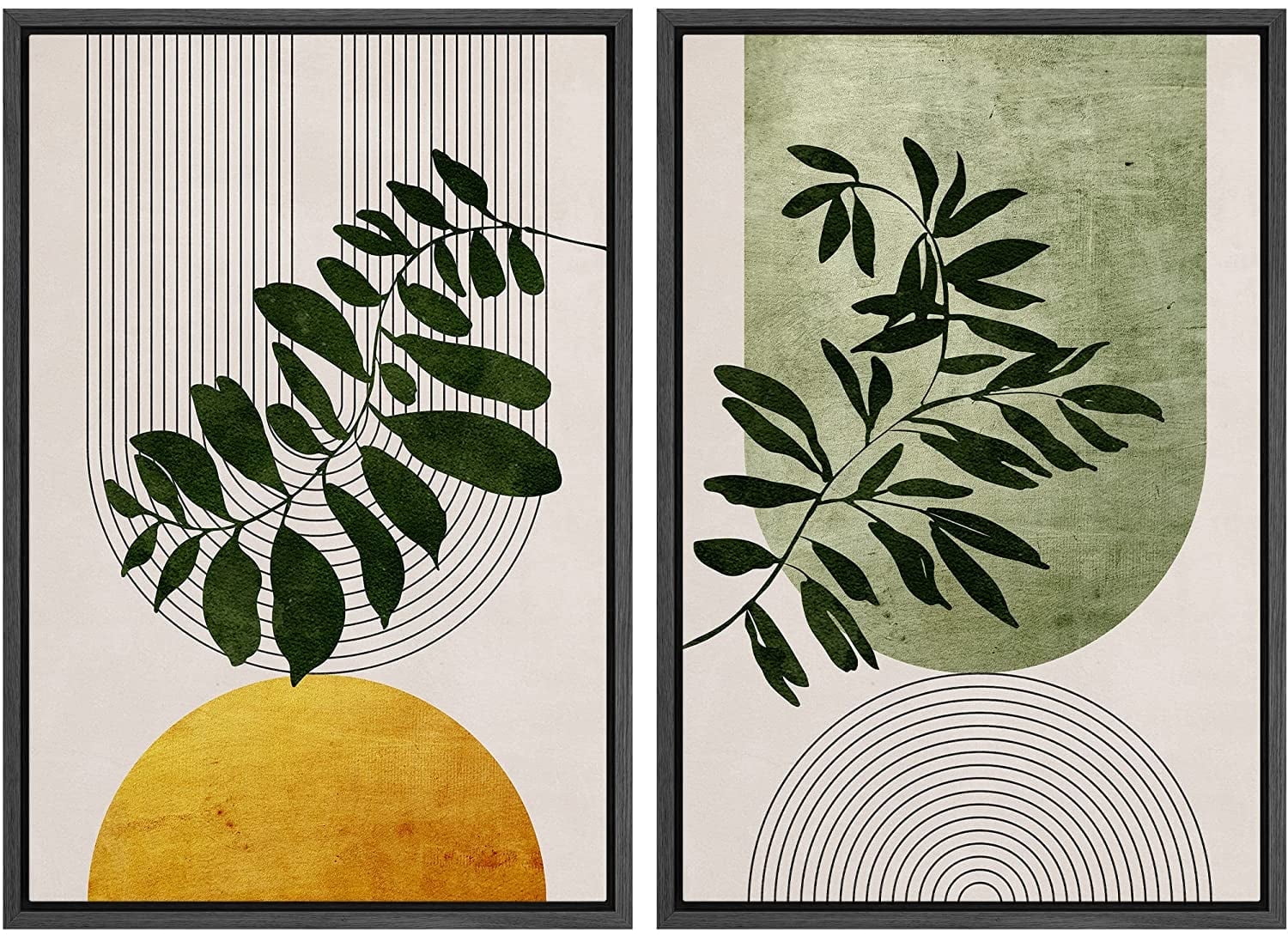 Black Framed Geometric Green and Yellow Canvas Print Set