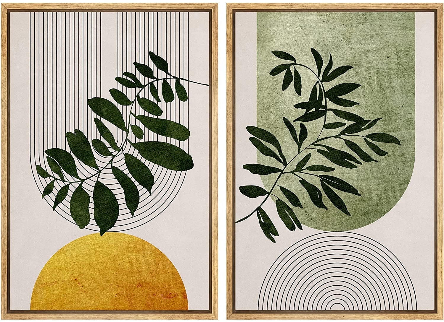 Natural Framed Green and Yellow Plant Canvas Print Set