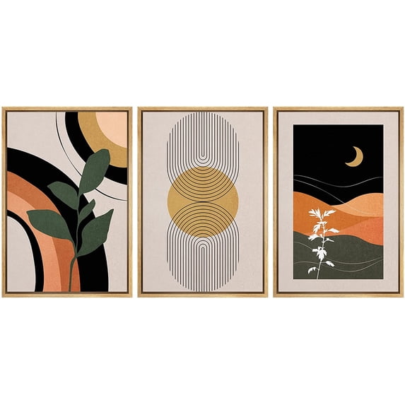 IDEA4WALL Framed Canvas Print Wall Art Set Mid-Century Geometric Plant Polygon Landscape Abstract Shapes Minimalism Boho Decorative for Home Decor - 24"x36"x3 Natural