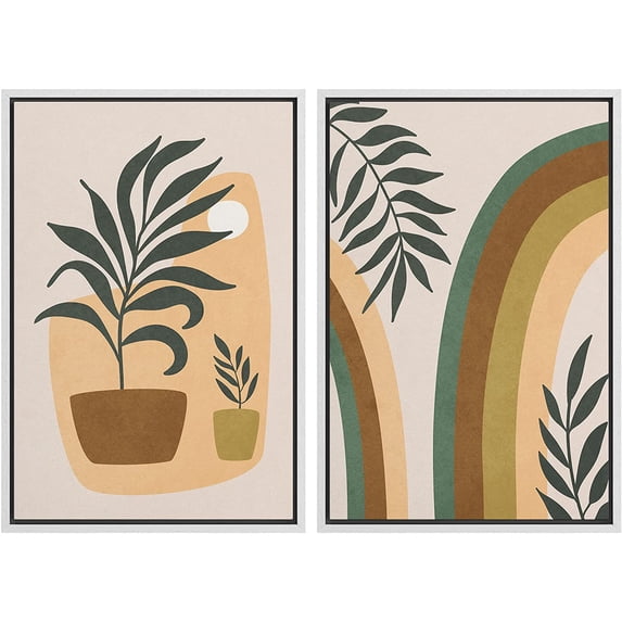 IDEA4WALL Framed Canvas Print Wall Art Set Mid-Century Green Rainbow Plant Vase Nature Illustrations Modern Art Rustic Decorative for Living Room, Bedroom, OfficeL - 16"x24"x2 White