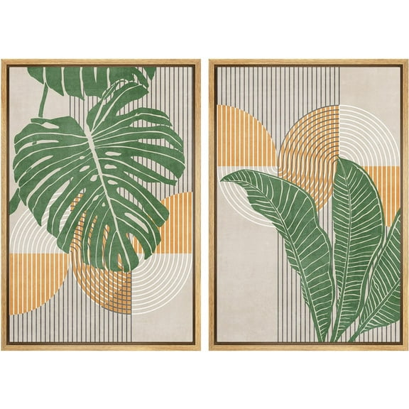 IDEA4WALL Framed Canvas Print Wall Art Set Mid-Century Jungle Monstera Palm Landscape Digital Art Decorative Bohemian Colorful Chic Artwork for Living Room, Bedroom, Office - 24"x36"x2 Natural
