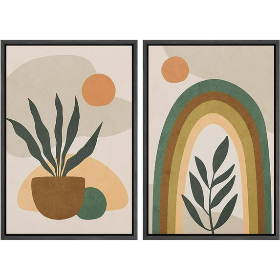 IDEA4WALL Framed Canvas Print Wall Art Set Mid-Century Modern Garden Plant Rainbow Nature Illustrations Modern Art Rustic Decorative for Living Room, Bedroom, Office - 24"x36"x2 Black