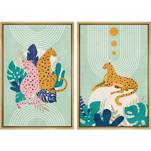 IDEA4WALL Framed Canvas Print Wall Art Set Mid-Century Modern Tropical Cheetah Abstract Nature Modern Art Decorative Bohemian Geometric Minimalism Prints for Rooms - Natural 24"x36"x3