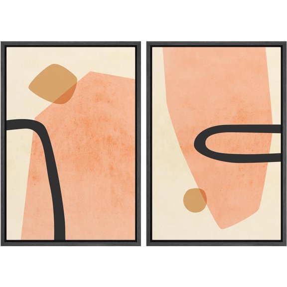 IDEA4WALL Framed Canvas Print Wall Art Set Modern Abstract Shapes Coral and Black Cozy Neutral Minimal Wall Decorative Bohemian Nordic Zen Artwork for Home Decor - Black 24"x36"x2